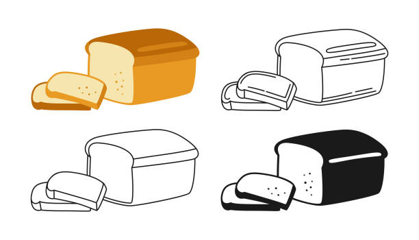 Bread sliced bakery icon set line glyph vector Bread sliced bakery icon set, line and black glyph style. Hand drawn sketch fresh wheat bread symbol. Shop flat food design. Icon for infographic, packaging label, vector for food app website, bistro loaf of bread stock illustrations