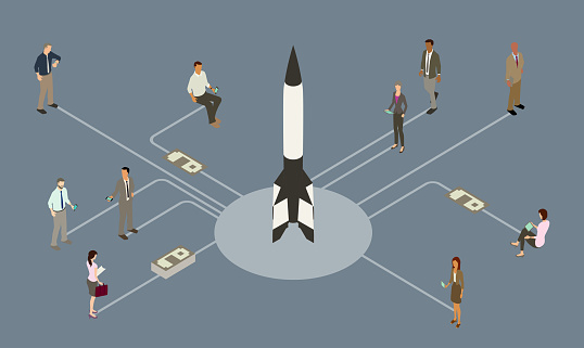 In this IPO/Initial Public Offering illustration, 10 business people gather around a rocket on a launchpad, illustrating the inaugural launch of something new. Bundles of cash are seen flowing between the people and the launchpad, and some of the investors are seen with smart phones and digital tablets.