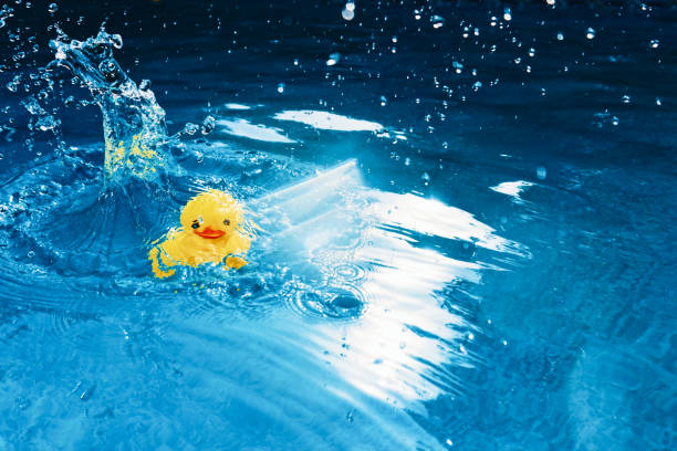 istock Yellow rubber duck splashing in swimming pool 1298766537