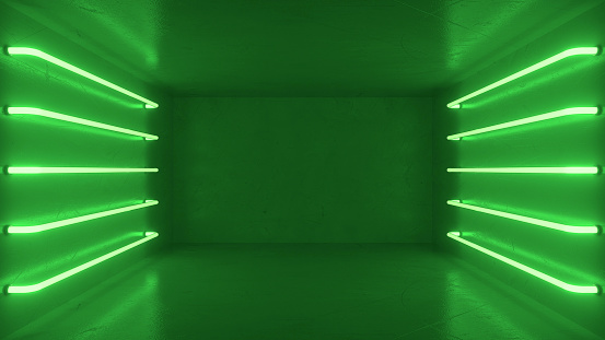 Interior de la habitación verde abstracto con lámparas de neón verde brillante, lámparas fluorescentes. Fondo arquitectónico futurista. Caja con muro de hormigón. Mock-up para su proyecto de diseño. Renderizado en 3D photo