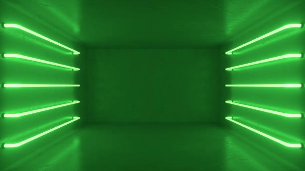 interior de la habitación verde abstracto con lámparas de neón verde brillante, lámparas fluorescentes. fondo arquitectónico futurista. caja con muro de hormigón. mock-up para su proyecto de diseño. renderizado en 3d - fondo verde fotografías e imágenes de stock