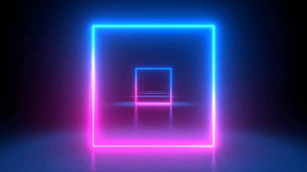 istock Neon light frames glowing in duotone colors. Pink and blue.  Abstract geometric background. Energy square. Futuristic concept. Glowing in concrete floor room with reflections. 3d rendering 1298777476