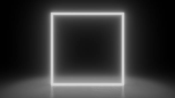 istock Square neon white light in black hall room. Abstract geometric background. Futuristic concept. Glowing in concrete floor room with reflections. 3d rendering 1298778492