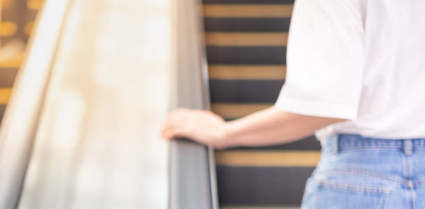 istock Blurred effect of female hand wearing surgical mask and  touching escalator handrail while using escalator in shopping mall or public area for moving to another floor. 1298779640