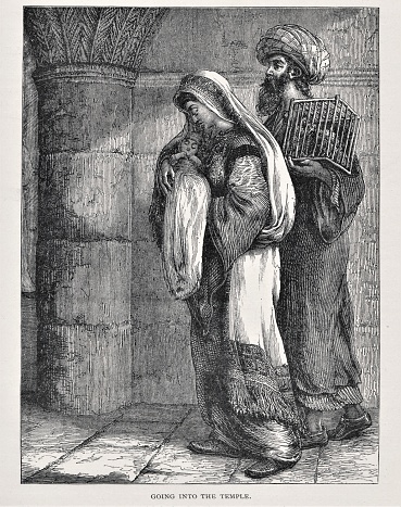 Jesus being taken to the Jewish temple by his parents Mary and Joseph. Illustration published in The Life of Christ by Louise Seymour Houghton (American Tract Society: New York) in 1890. Copyright expired; artwork is in Public Domain. Digitally restored.