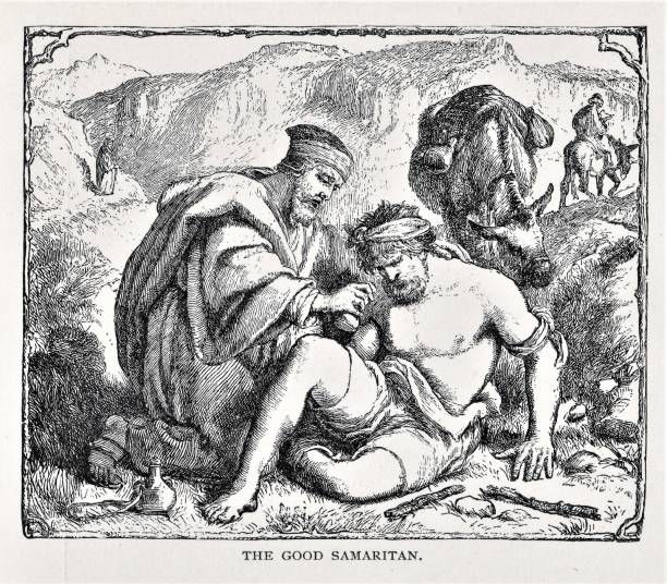 Parable of Good Samaritan A man helping another man on the ground and  other men leaving. Jesus taught the parable to illustrate that all men are neighbors and should extend mercy. Illustration published in The Life of Christ by Louise Seymour Houghton (American Tract Society: New York) in 1890. Copyright expired; artwork is in Public Domain. Digitally restored. kneelers stock illustrations