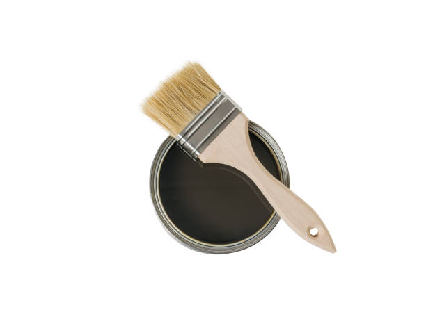 istock Brush on an open jar with a protective composition for wood isolated on a white background. 1298782960