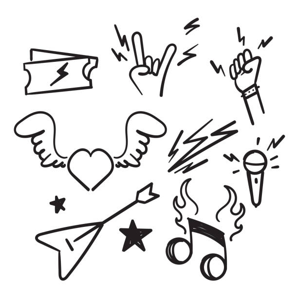 handgezeichnete doodle rock and roll verwandte icon set illustration isoliert - rock stock-grafiken, -clipart, -cartoons und -symbole