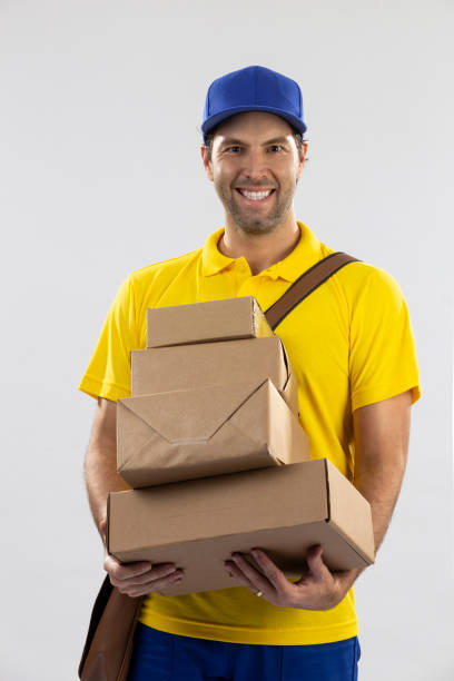 Brazilian mailman on a white background stock photo