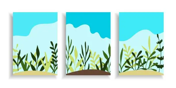 Vector illustration of Abstract vector set of backgrounds, wallpapers, covers for spring seasonal design in green-blue tones. Garden plants, seedlings, grass, sky, summer landscape. Template, social media, story.