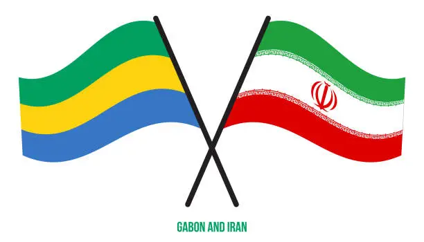 Vector illustration of Gabon and Iran Flags Crossed And Waving Flat Style. Official Proportion. Correct Colors.