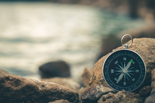 istock Compass of tourists on stone at riverside. 1298791118
