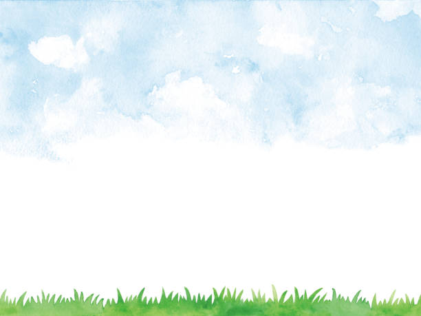 blauer himmel und rasen aquarell hintergrund - grass area illustrations stock-grafiken, -clipart, -cartoons und -symbole