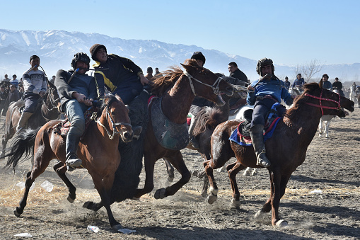 Ishchan village of Urgut, Samarqand region. Traditional horse riding game of Central Asian people Ulak-Kupkari (Buzkashi, Kokpar, Kok-Boru). Horsemen fighting to get the goat. Samarkand, Uzbekistan