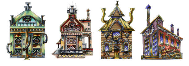 ilustraciones, imágenes clip art, dibujos animados e iconos de stock de establezca la arquitectura steampunk. casas con faros y engranajes metálicos. boceto de acuarela dibujado a mano. aislado sobre fondo blanco. colección fantásticas casas steampunk aisladas sobre un fondo blanco - architectural feature bronze sketch drawing