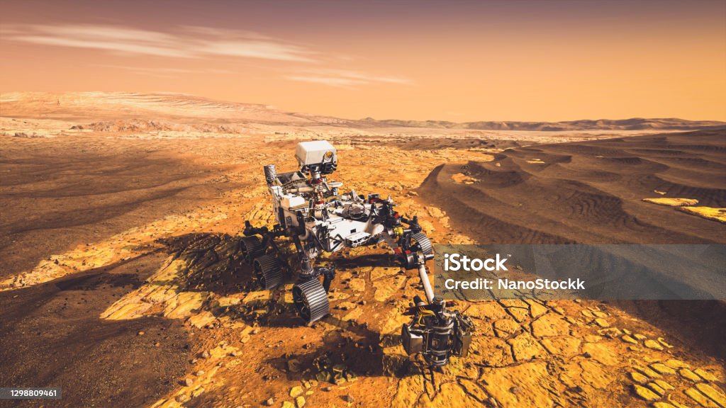 Unmanned rover vehicle on Mars exploration mission runs through planet ground . Unmanned rover vehicle on Mars exploration mission runs through planet ground . 3D illustration . Elements of this image furnished by NASA Mars - Planet Stock Photo