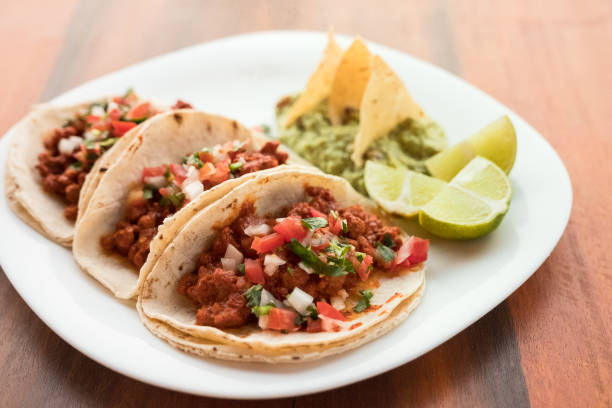 istock Three Vegan Tacos and Guacamole with Limes 1298809729