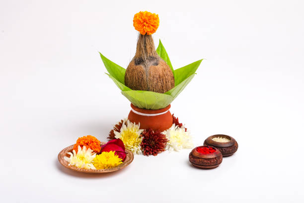 индийский фестиваль akshaya tritiya концепция : декоративный кокос с зеленым листом в глиняном горшке на белом фоне - hinduism goddess ceremony india стоковые фото и изображения