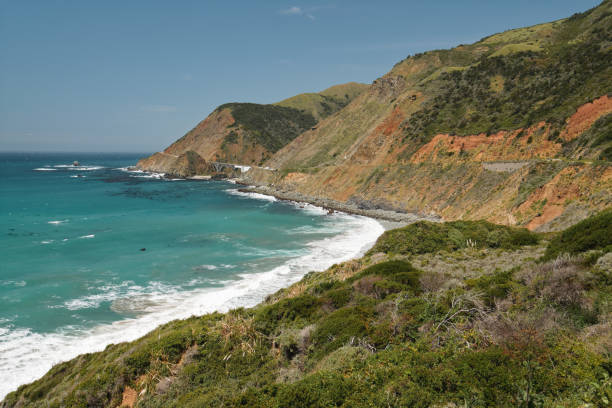 big sur, condado de monterey, califórnia. oceano pacífico, falésias e plantas nativas na praia. - route 1 pacific ocean beach cliff - fotografias e filmes do acervo