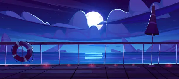 Vector illustration of Night seascape view from cruise ship deck