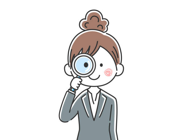 虫眼鏡を使ったビジネスウーマンのイラスト。 - low scale magnification glass women holding点のイラスト素材／クリップアート素材／マンガ素材／アイコン素材