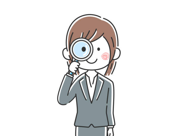 虫眼鏡を使ったビジネスウーマンのイラスト。 - low scale magnification glass women holding点のイラスト素材／クリップアート素材／マンガ素材／アイコン素材