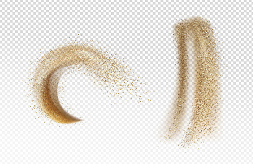 Explosion and pour of gold sand, falling dust with glitter particles isolated on transparent background. Vector realistic set of yellow sand powder splashes and clouds. Motion effect of shimmer flows