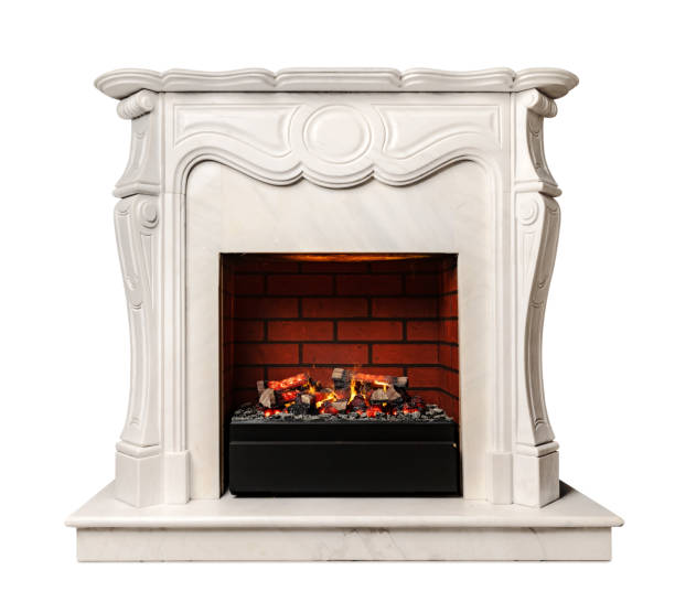 istock Beautiful stone fireplace isolated on white background 1298817231