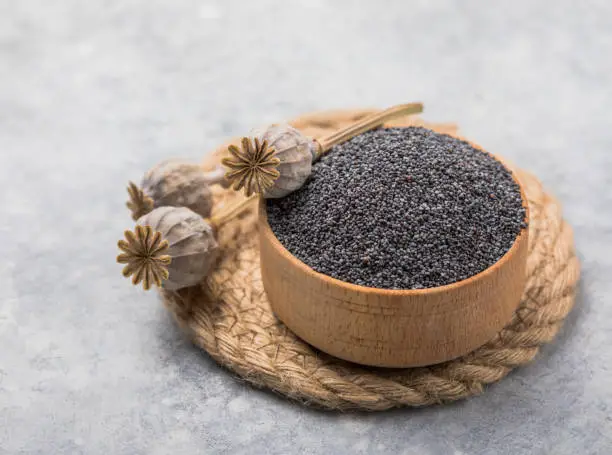 Poppy seeds in small bowl with poppy heads on wooden background. Baking ingredients.