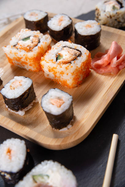 istock traditional Japanese sushi top view and chopsticks 1298822791