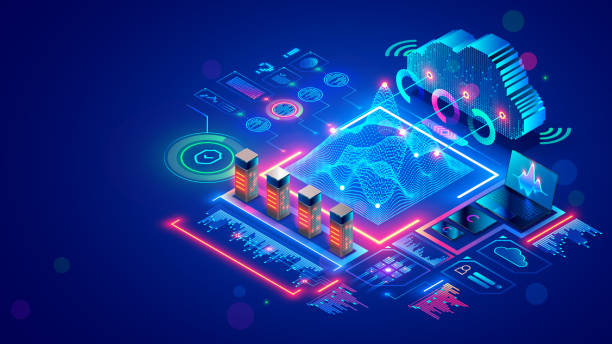 ilustraciones, imágenes clip art, dibujos animados e iconos de stock de análisis de big data, computación en la nube en el centro de datos. almacenamiento tecnológico, protección, procesamiento de información digital en internet. racks de servidores en estadísticas de computación de centro de datos y big data de redes s - grid servers