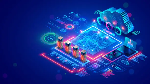 Vector illustration of Big data analysis, cloud computing in data center. Technology storage, protection, processing digital information in internet. Server racks in datacenter compute statistics and social media big data.