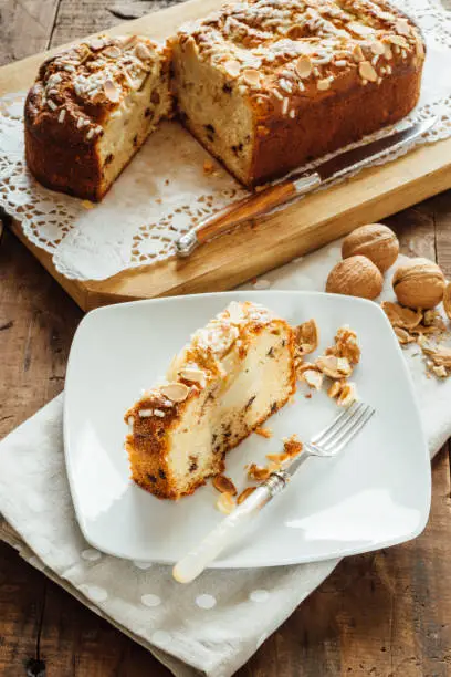 Homemade plumcake with yogurt, pears and walnuts.