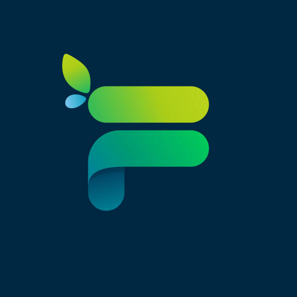F letter green gradient eco logo. Vector one line colorful typeface for agriculture branding design, spring labels, garden posters, environment identity etc. letter f with water drop icon stock illustrations