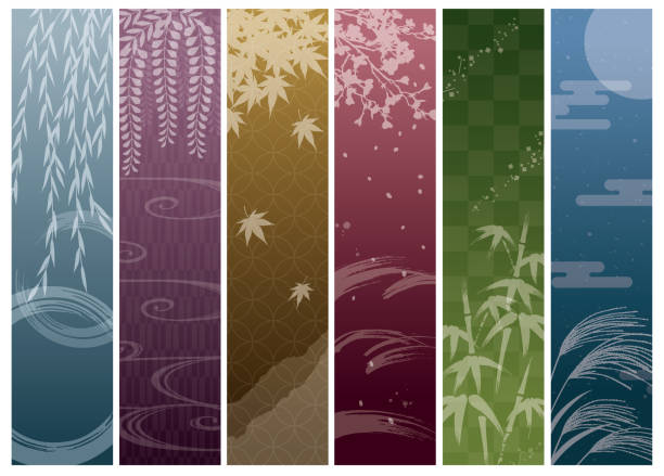 ilustraciones, imágenes clip art, dibujos animados e iconos de stock de japonesa cuatro estaciones plantas plantas silueta diseño fondo color oscuro - wisteria