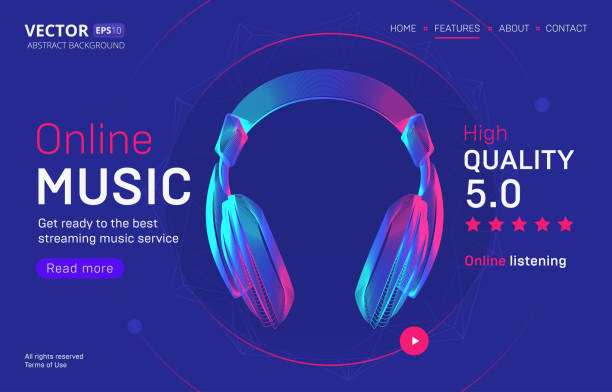 Online music streaming service landing page template with a high-quality rating. Abstract outlined vector illustration of wireless headphones silhouette in 3d neon line art style Online music streaming service landing page template with a high-quality rating. Abstract outlined vector illustration of wireless headphones silhouette in 3d neon line art style radio silhouettes stock illustrations