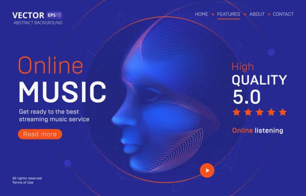 istock Online music streaming service landing page template with a high-quality rating. Abstract outlined vector illustration of a cyber human or android head silhouette in 3d neon line art style 1298830790