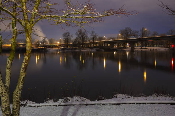 Night view at Willamette river in Salem Oregon from Riverfront park in winter season