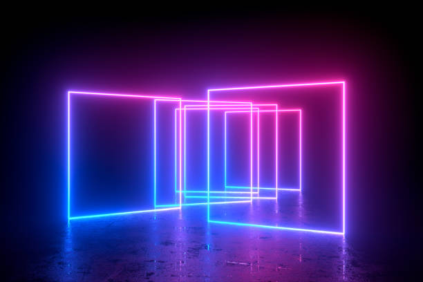 istock Abstract exhibition background with ultraviolet neon lights, glowing lines 1298833970