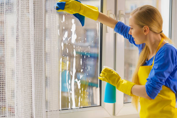 istock Woman cleaning window at home 1298834070