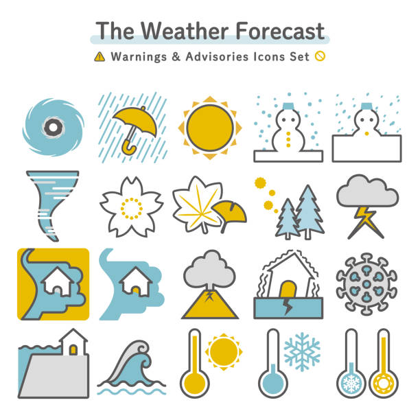 Weather forecast (warnings & advisories) and disaster information icon set Weather forecast (warnings & advisories) and disaster information icon set storm surge icon stock illustrations