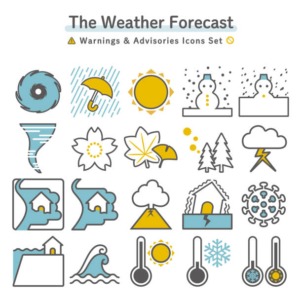 일기 예보(경고 및 권고) 및 재해 정보 아이콘 세트 - weather meteorologist meteorology symbol stock illustrations