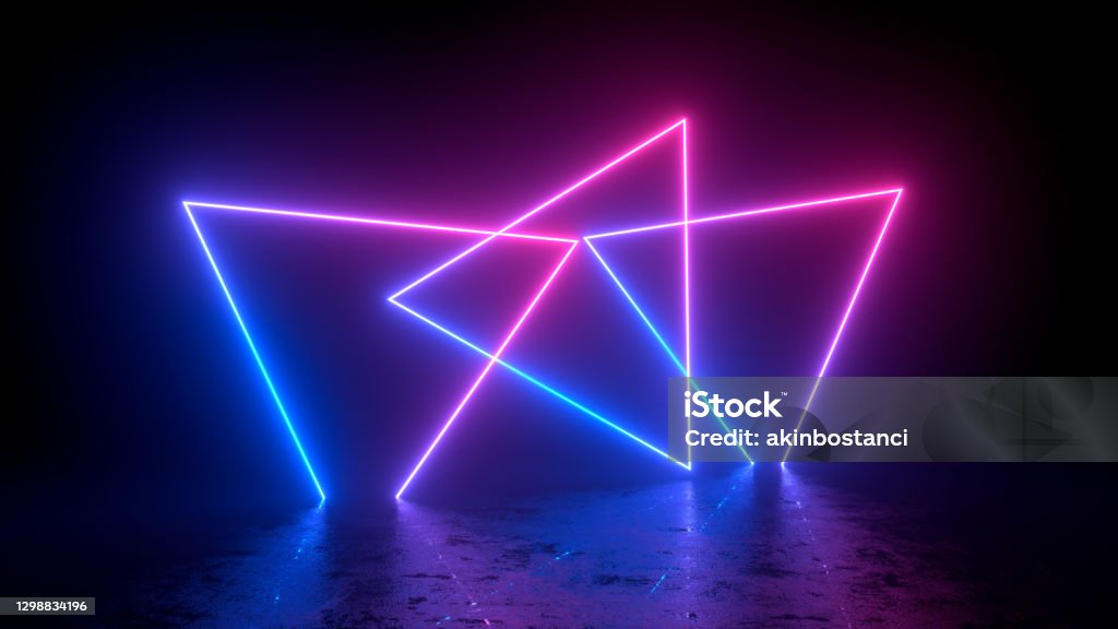 Abstract exhibition background with ultraviolet neon lights, glowing lines 3d rendering of abstract exhibition background with ultraviolet neon lights, cosmic landscape, glowing lines on black background. purple, pink and blue colors. Neon Lighting Stock Photo