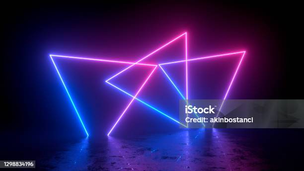 Abstract Exhibition Background With Ultraviolet Neon Lights Glowing Lines Stock Photo - Download Image Now