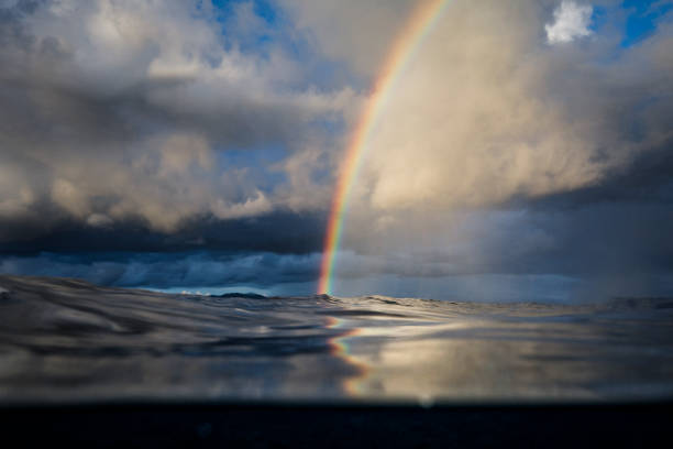 Rainbow and storm reflecting on the surface of the ocean