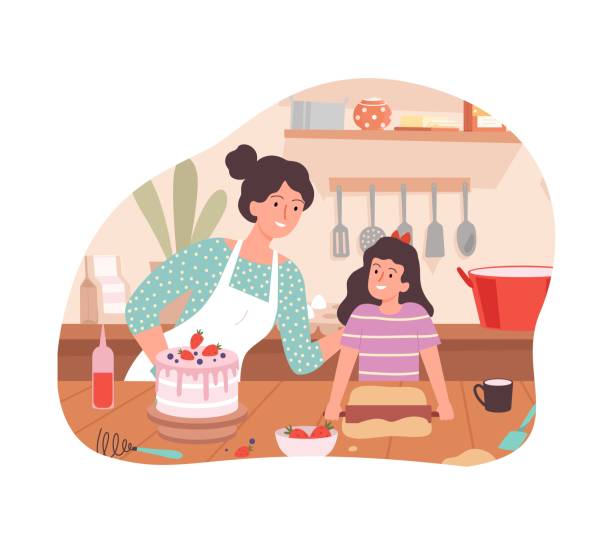 母と娘の料理。家族の時間、幸せな女性と女の子は誕生日ケーキベクトルの概念を焼く - cake birthday domestic kitchen child点のイラスト素材／クリップアート素材／マンガ素材／アイコン素材