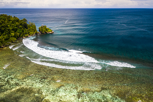 Perfect wave breaking off a secluded reef on tropical island in the pacific ocean