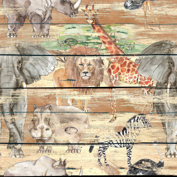 istock Safari Animal print decorative vintage style seamless pattern on wooden background 1298839546