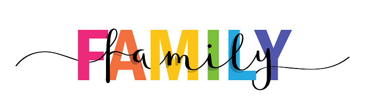 FAMILY colorful mixed typography banner with brush calligraphy isolated on white background