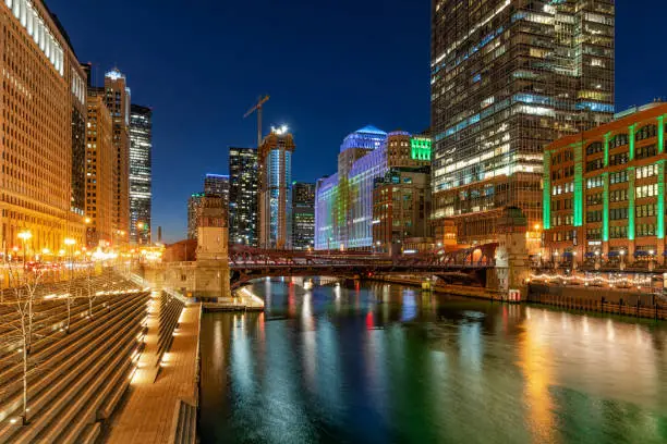 Photo of Scene of Chicago riverwalk cityscape at the twilight time, USA downtown skyline, illinois, United state of america, Architecture and building,travel with tourist concept